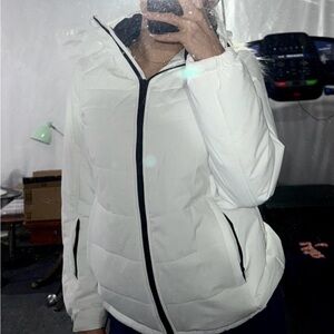 Women's White Puffer Jacket with Black Trim